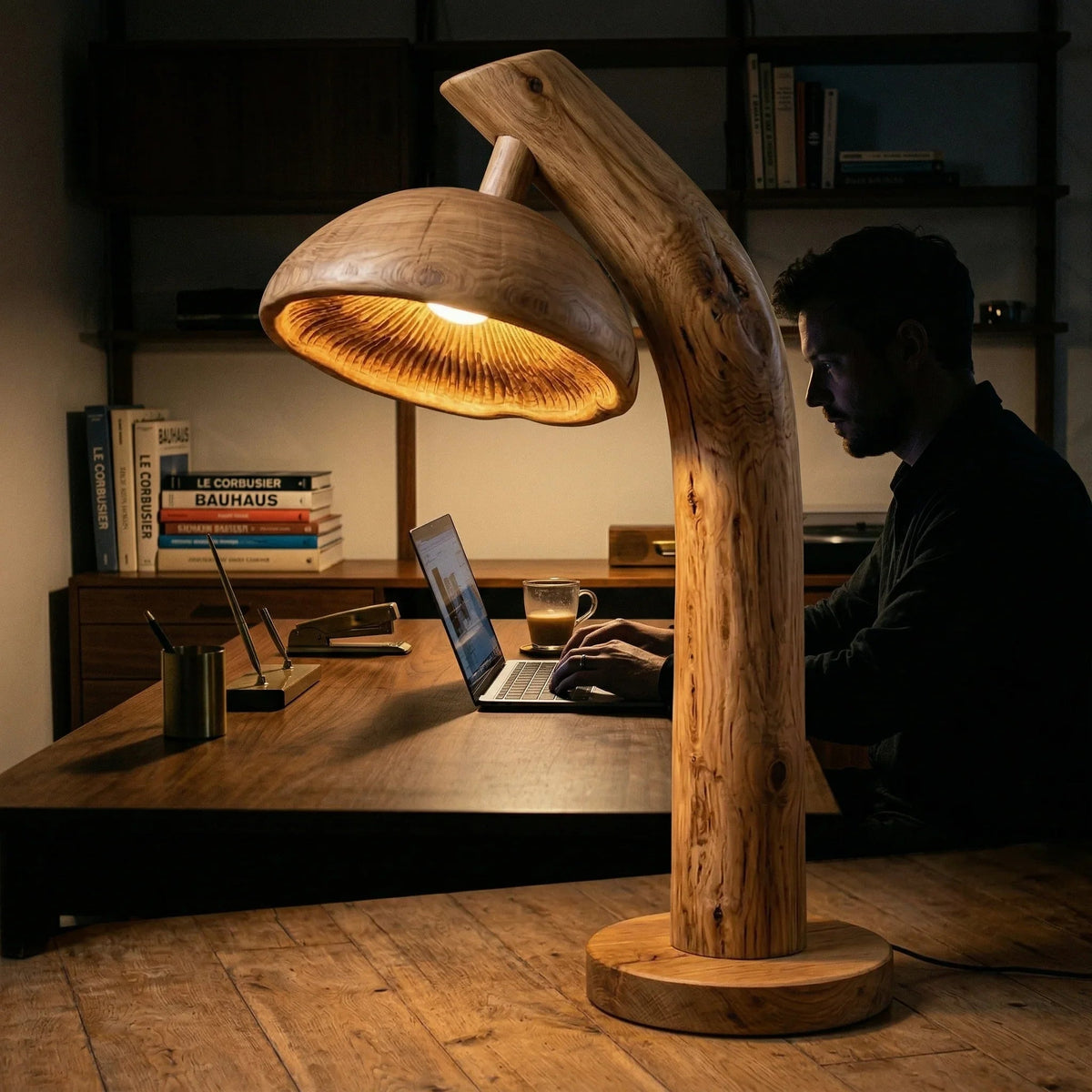 Pilz-Stehlampe aus Naturholz mit beleuchtetem Lamellendesign auf Massivholzfuß im Büro.