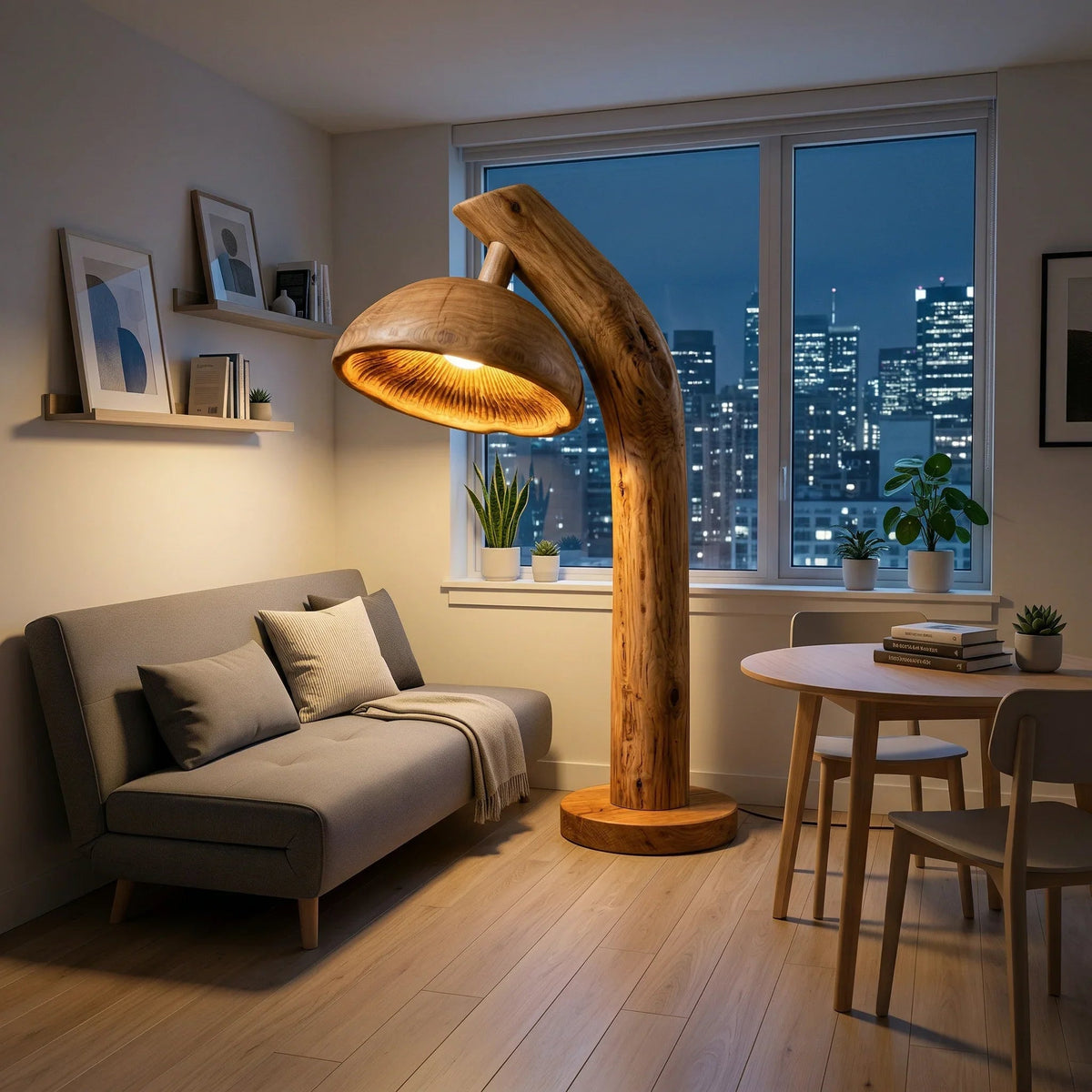 Pilz-Stehlampe aus Naturholz mit leuchtendem tiefem Lamellenschirm in einem modernen Wohnzimmer