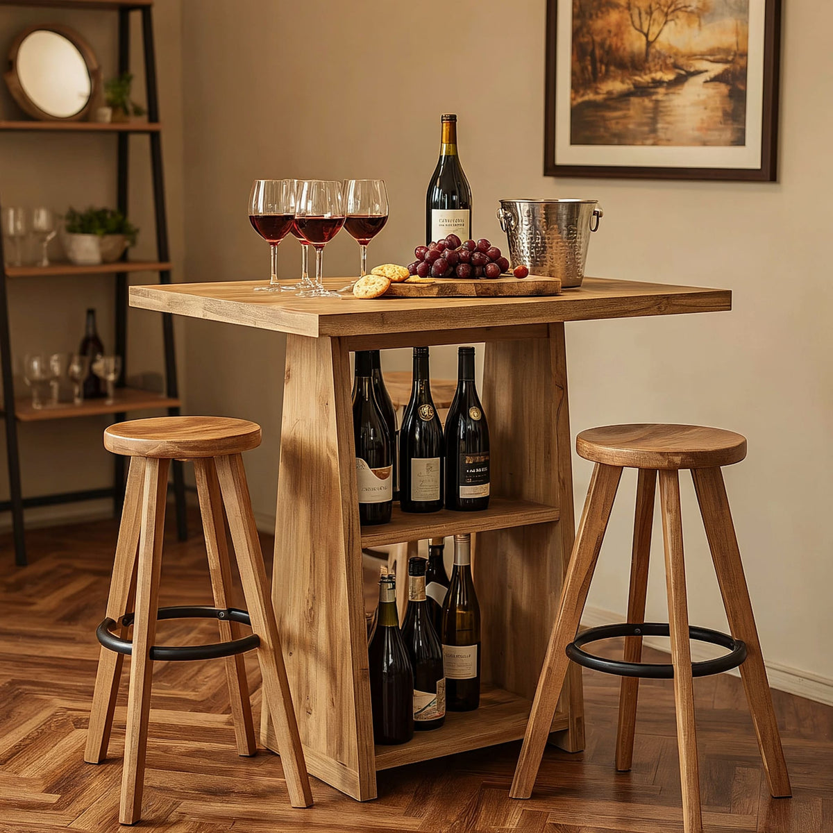 Bartisch aus Naturholz mit Weinlagerung in einem modernen Essbereich