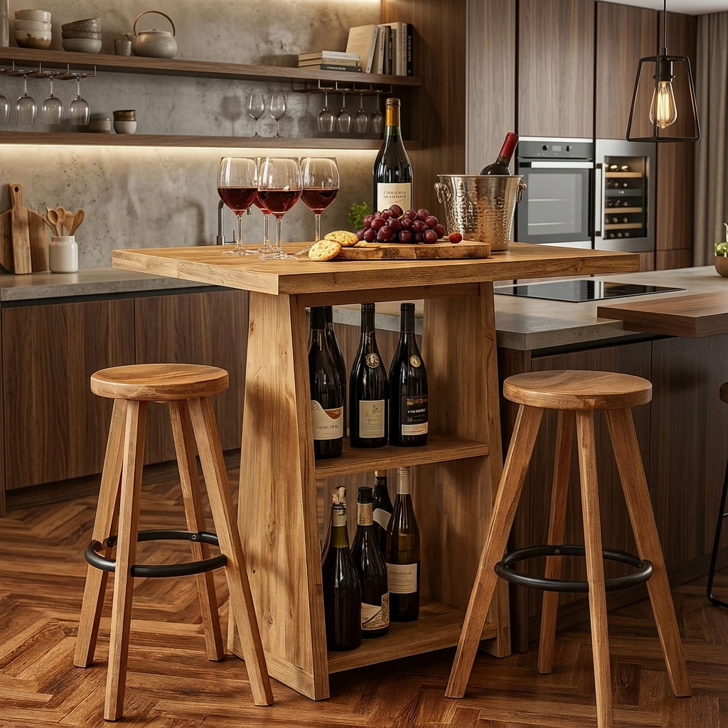 Japandi-Bartisch aus Naturholz mit eingebautem Weinregal und passenden Holzhockern