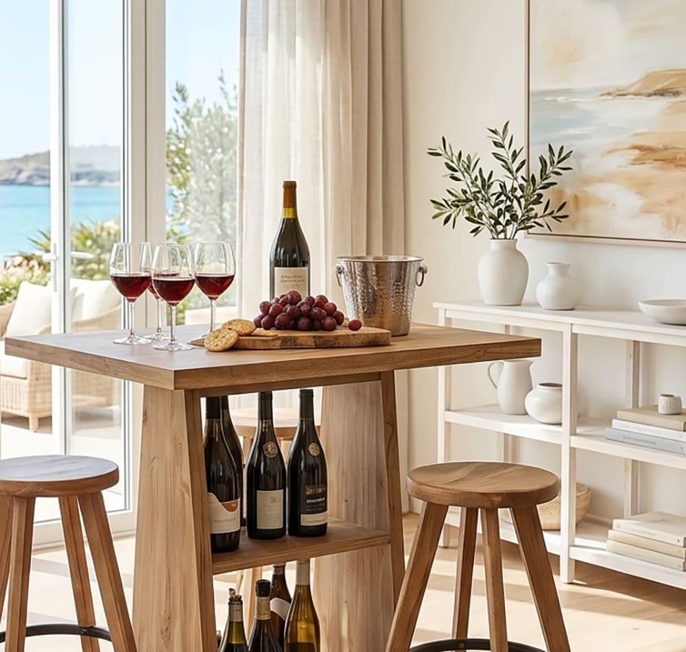 Rustikaler Bartisch aus Massivholz mit Flaschenregal in einer Hausbar