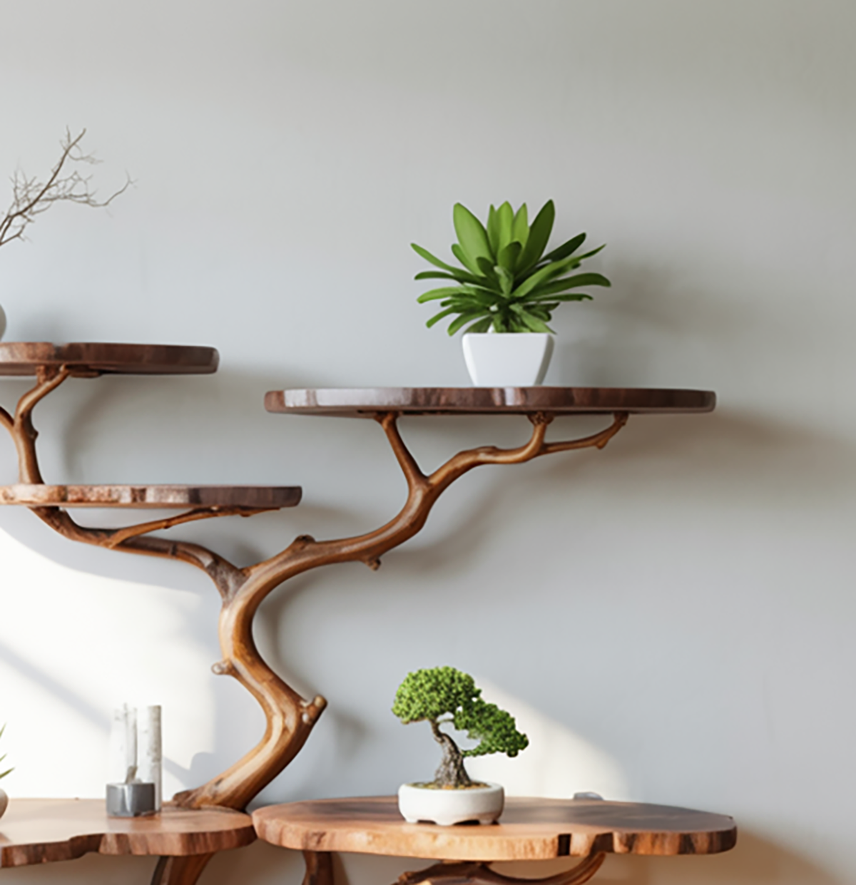 Astregal in einzigartigem Wandmontage-Design mit schönen grünen Bonsais und Vasen