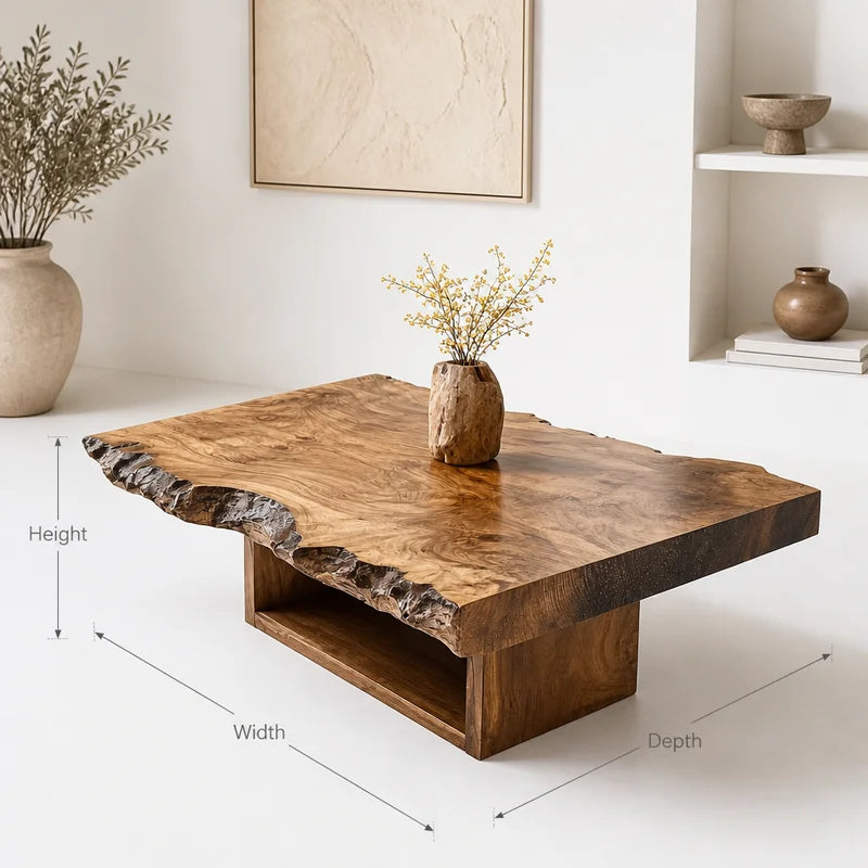 Couchtisch aus Massivholz mit natürlicher Kante und unregelmäßiger Form – Markanter Wohnzimmertisch