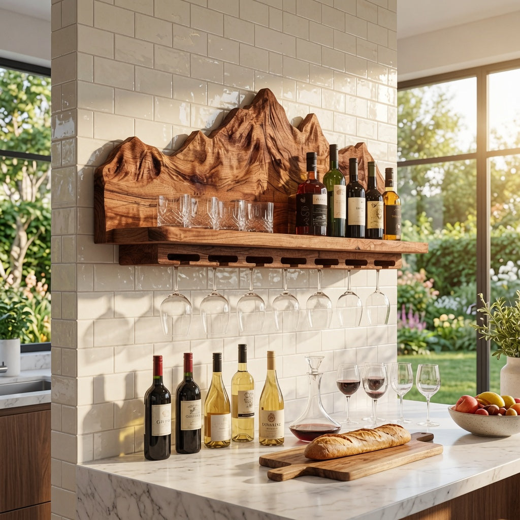 Handgefertigtes Berg-Weinregal mit Flaschen und Gläsern in einem Esszimmer