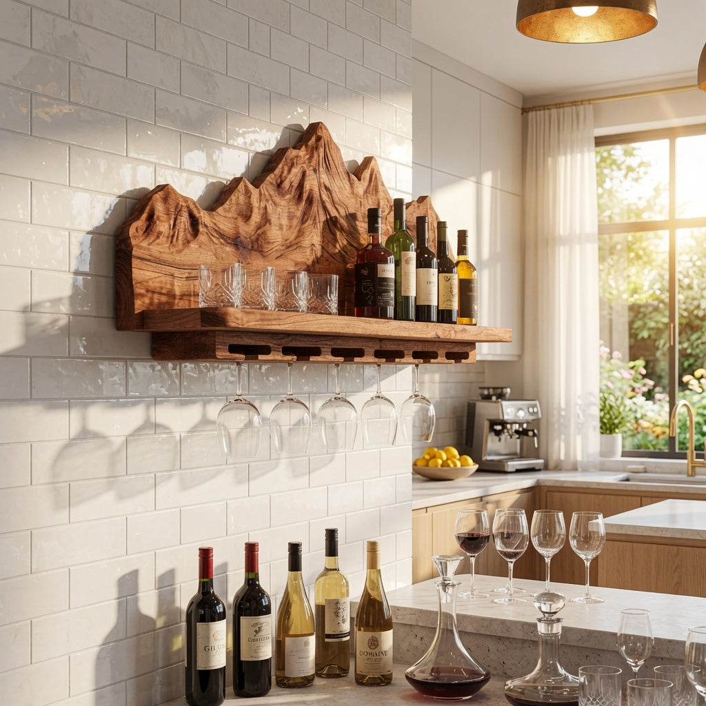 Naturinspirierter Wein-Wandhalter aus Massivholz in einer modernen Hausbar