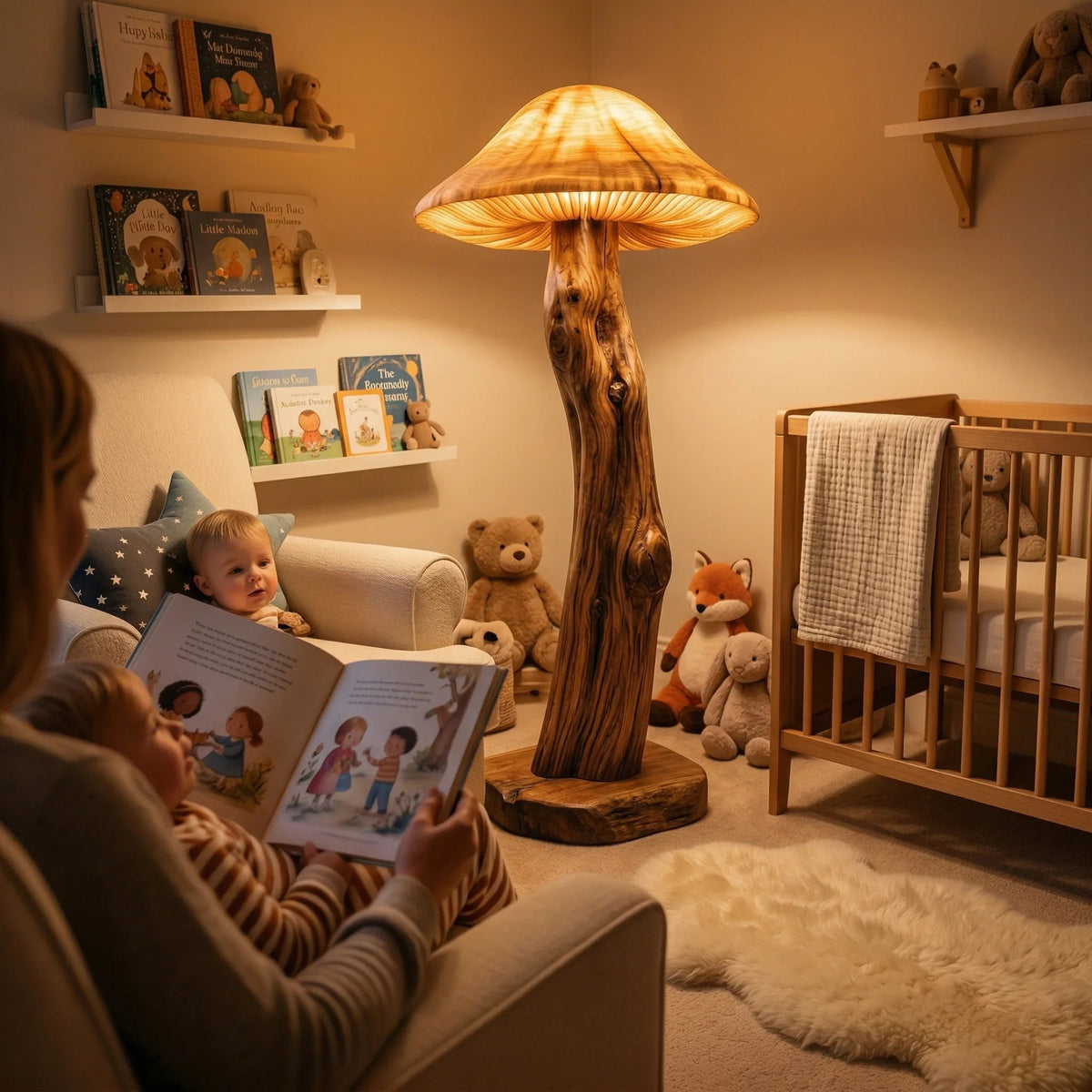 Pilz-Stehlampe mit transluzentem Hut und skulptiertem Holzfuß in einem gemütlichen Babyzimmer