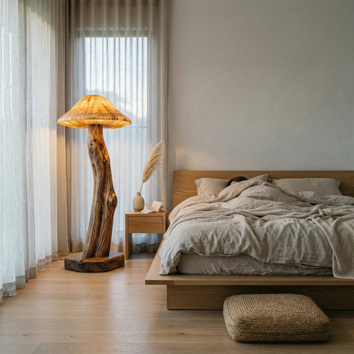 Pilzförmige Holz-Stehlampe mit leuchtendem Hut neben dem Bett in einem gemütlichen minimalistischen Schlafzimmer