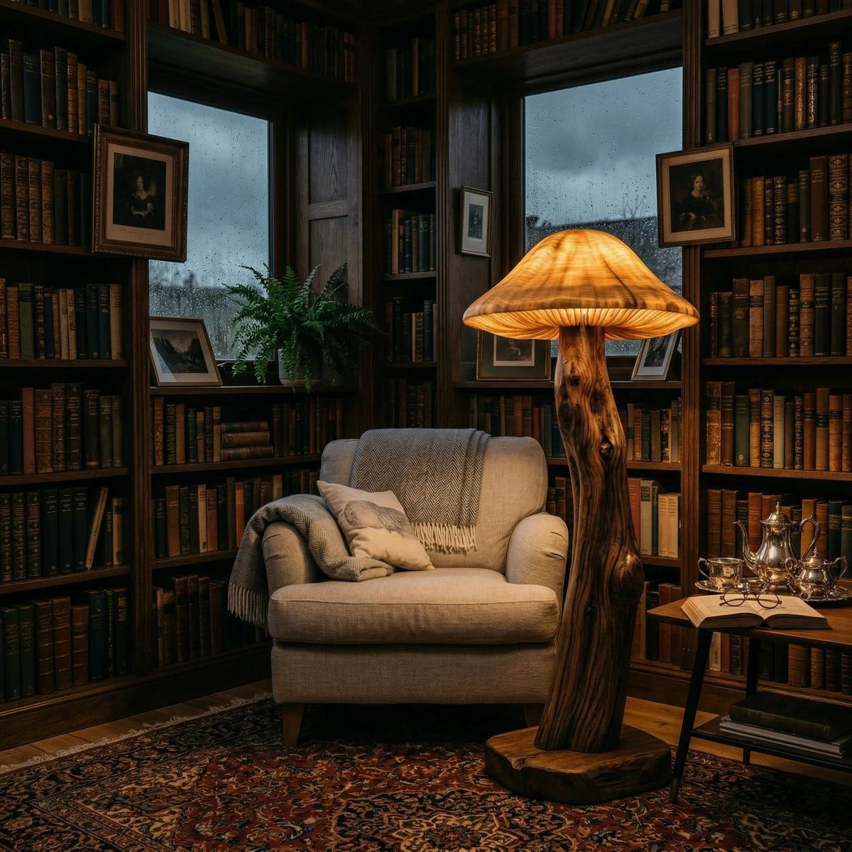 Pilzförmige Stehlampe mit transluzentem Hut und skulptiertem Holzstammfuß in einer gemütlichen Bibliothek.