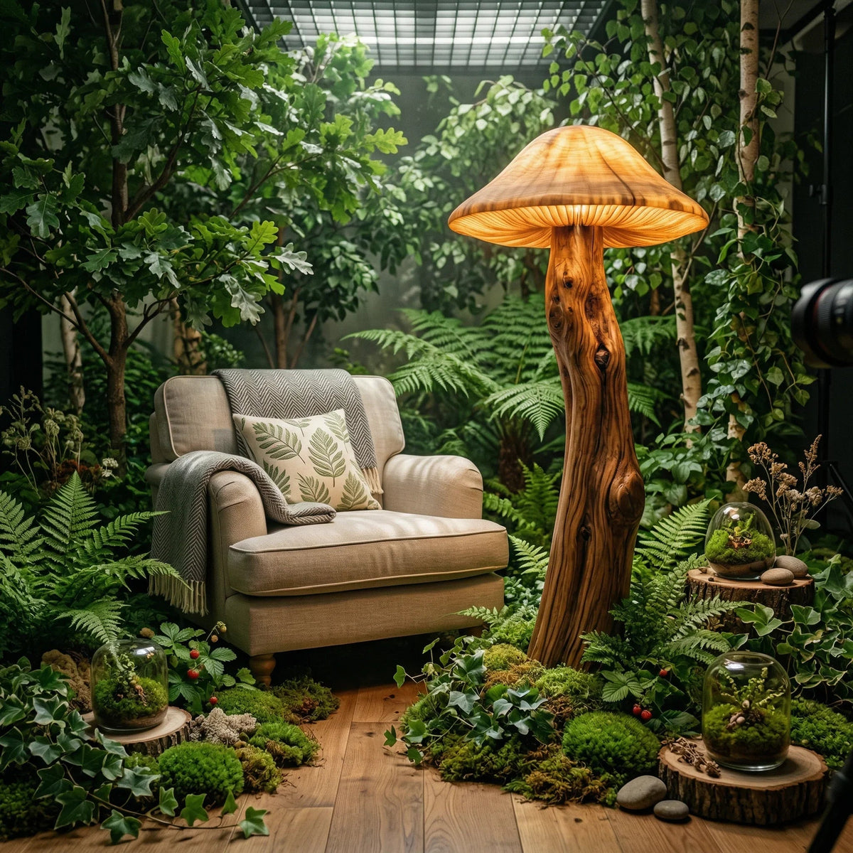 Pilz-Stehlampe mit leuchtendem Hut und skulptiertem Holzstamm-Stiel auf Baumkanten-Fuß in einem üppigen Babyzimmer