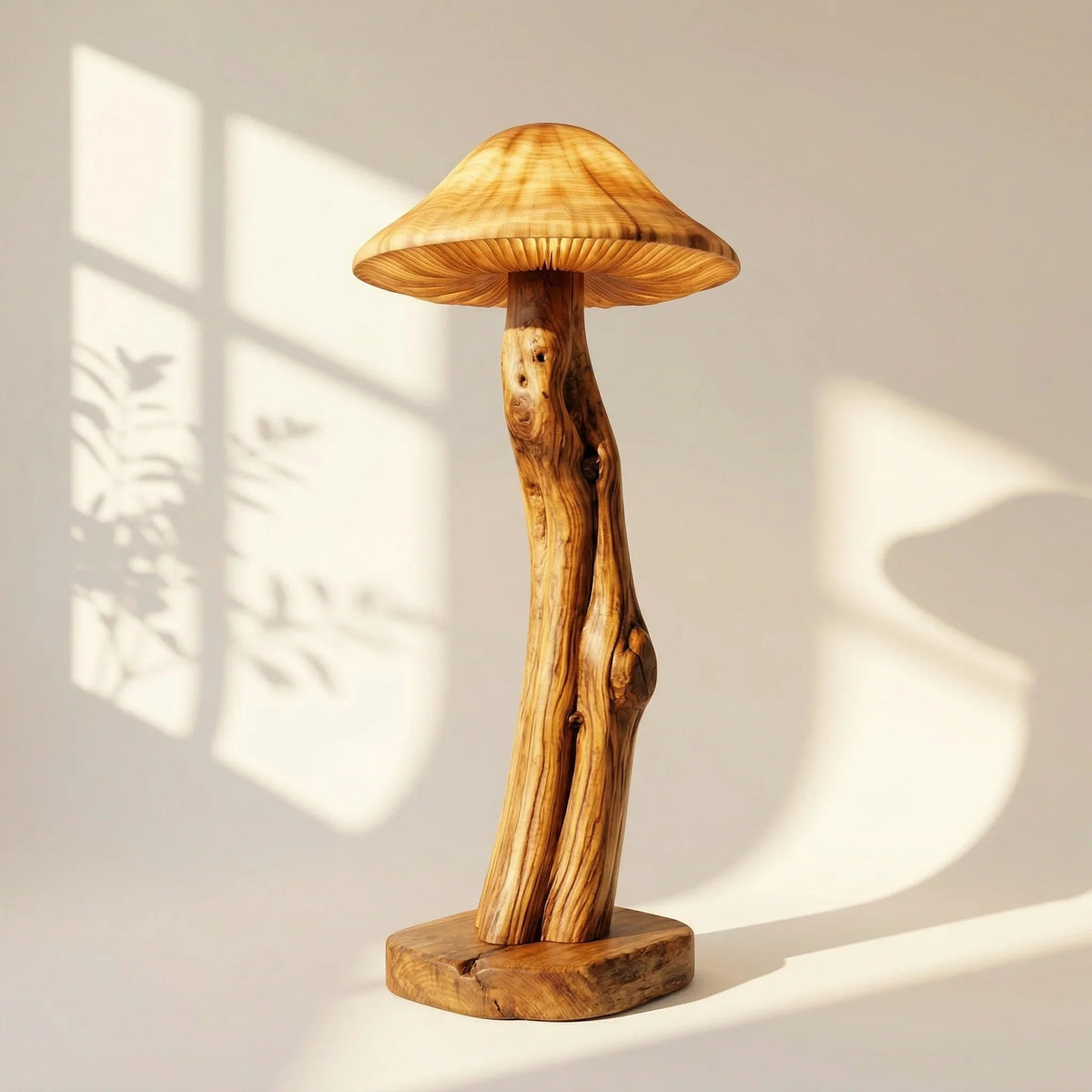 Pilz-Stehlampe mit transluzentem Lamellenhut, skulptiertem Holzstamm-Stiel und Baumkanten-Fuß