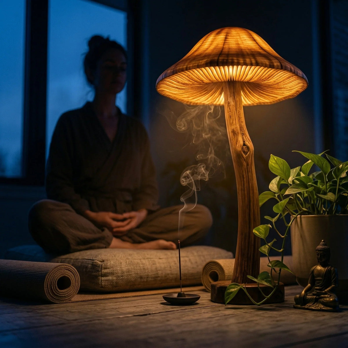 Pilzförmige Holz-Stehlampe mit leuchtendem transluzentem Hut und skulptiertem Stammstiel auf Baumkanten-Fuß, in einem gemütlichen Innenraum mit Pflanzen und Räucherwerk.