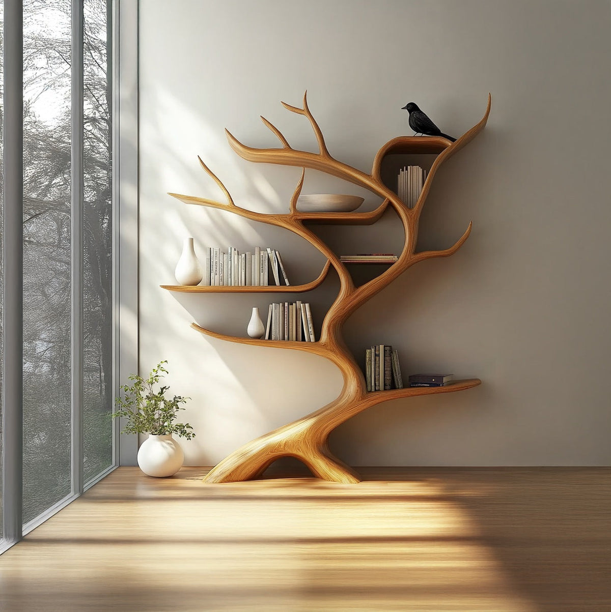 Organisches biophiles Baum-Bücherregal aus Baumkanten-Massivholz