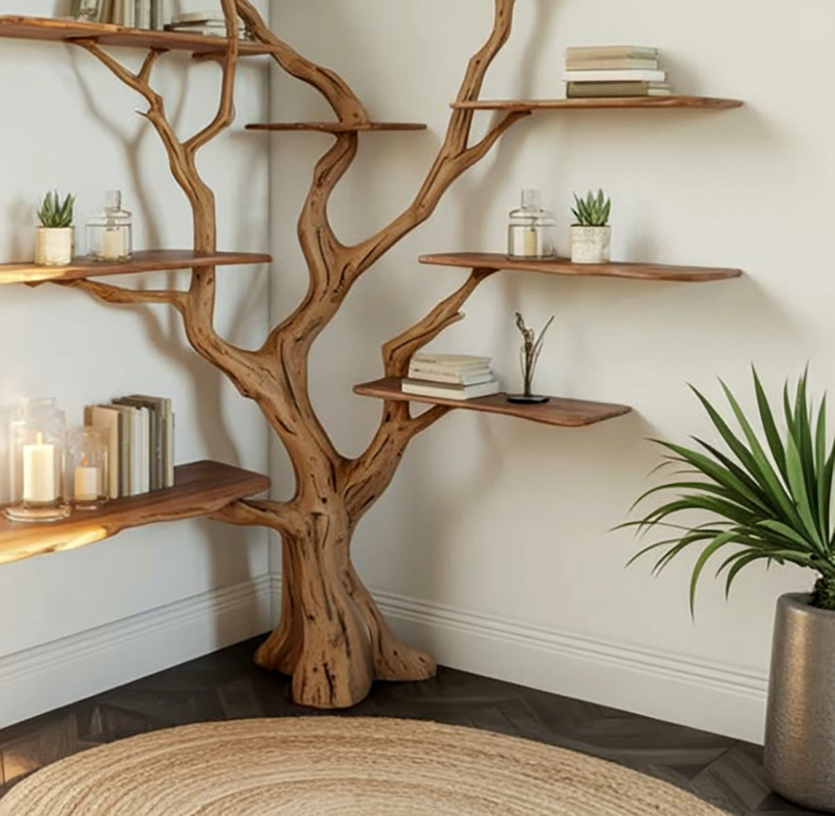 Baumkanten-Eck-Baum-Bücherregal aus Massivholz im vom Baum inspirierten Design