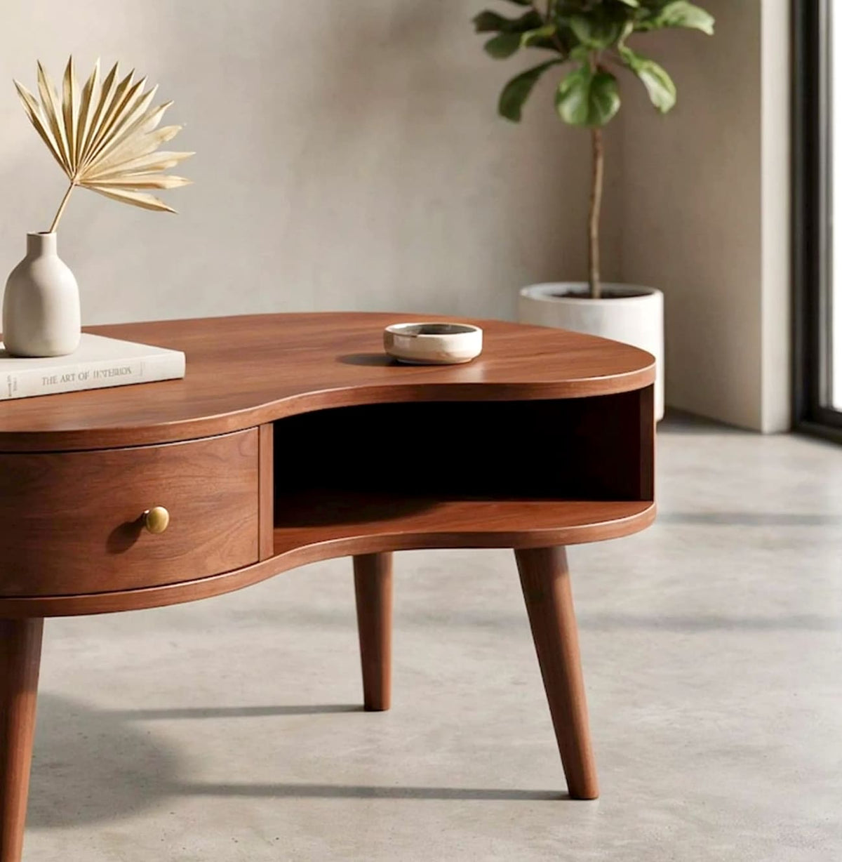 Moderner geschwungener Couchtisch aus Massivholz mit funktionalem Schubladenstauraum