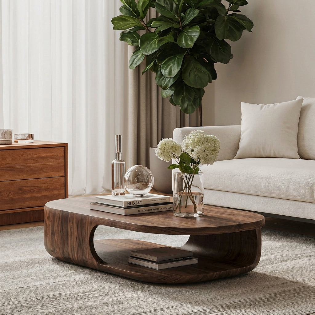 Organisch-moderner Couchtisch aus Massivholz mit unterem Fach, gestylt in einem zeitgenössischen Wohnzimmer