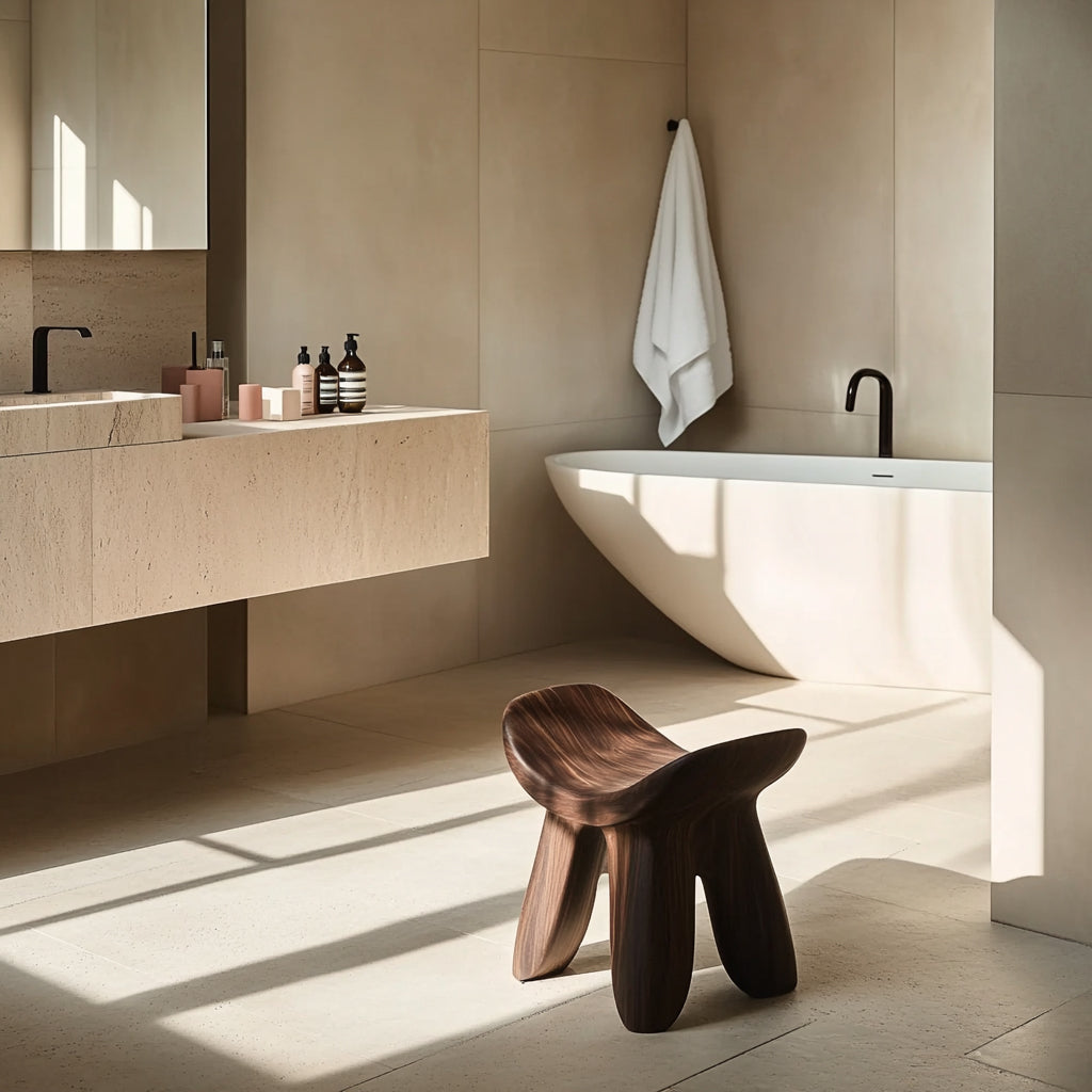 Japandi-Duschhocker neben einer freistehenden Badewanne in einem minimalistischen Badezimmer