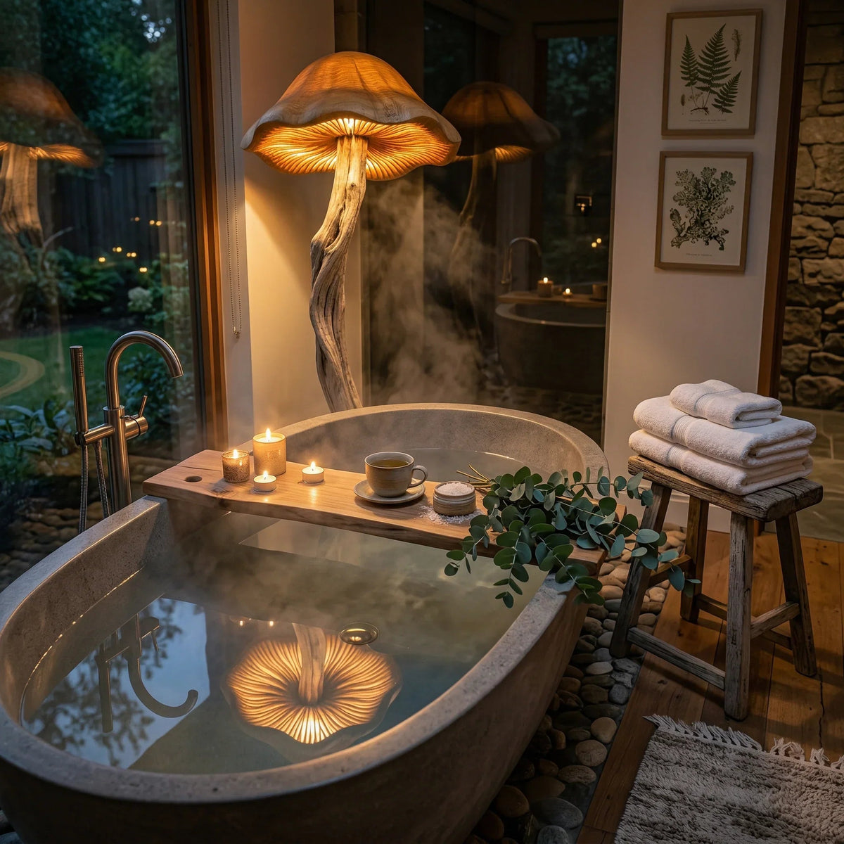 Organische Treibholz-Pilz-Stehlampe neben einer modernen Badewanne in einem gemütlichen, spa-ähnlichen Bad.