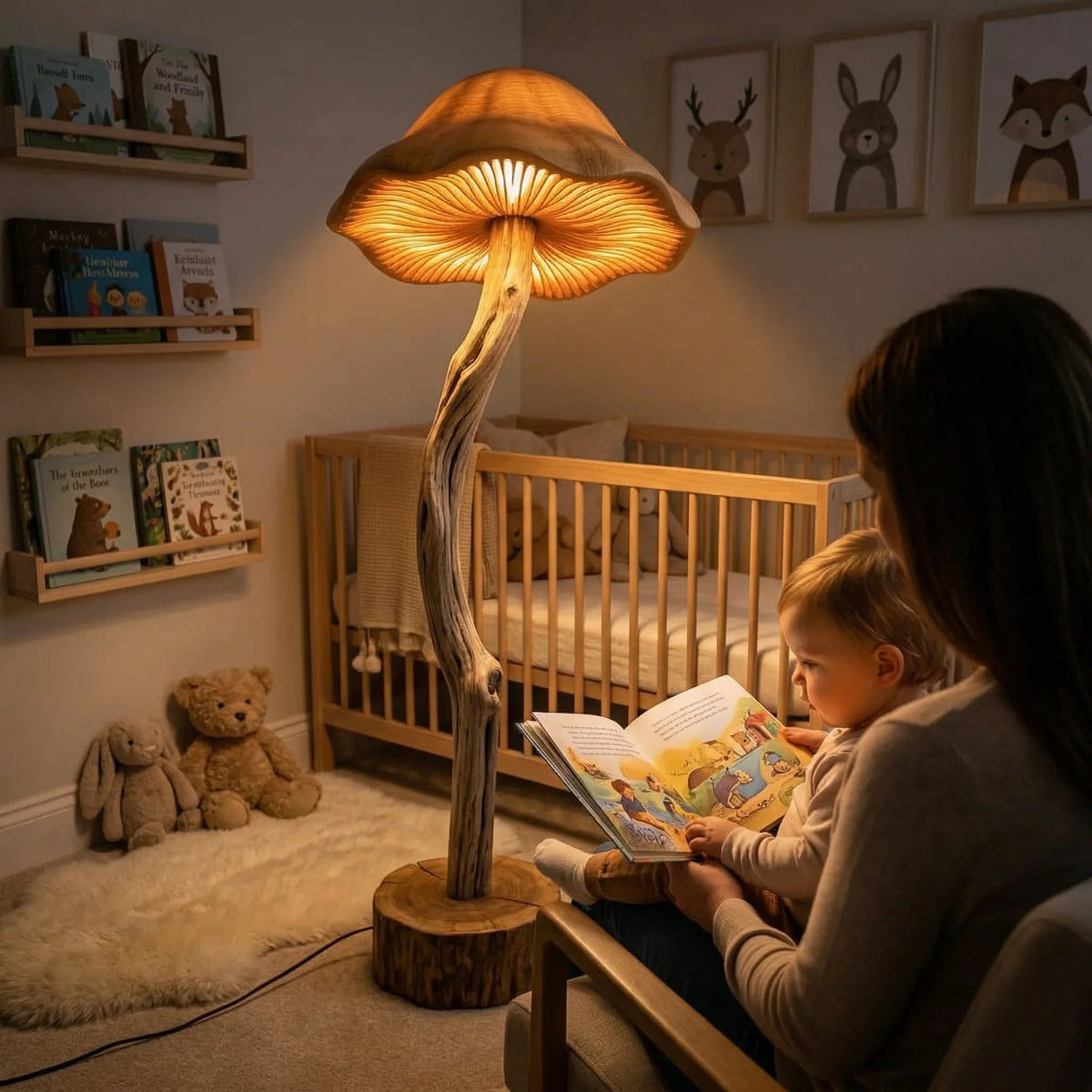 Organische Treibholz-Pilz-Stehlampe mit handgeschnitztem Holzfuß in einem gemütlichen Babyzimmer