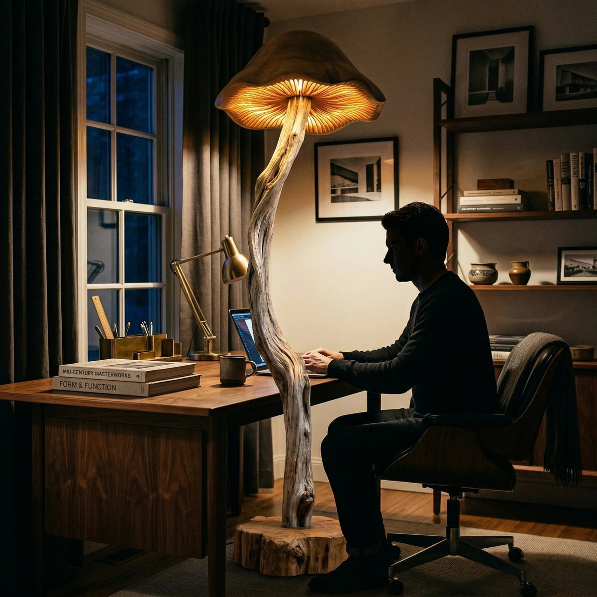 Organische Treibholz-Pilz-Stehlampe mit leuchtendem handgeschnitztem Hut in einem modernen Homeoffice