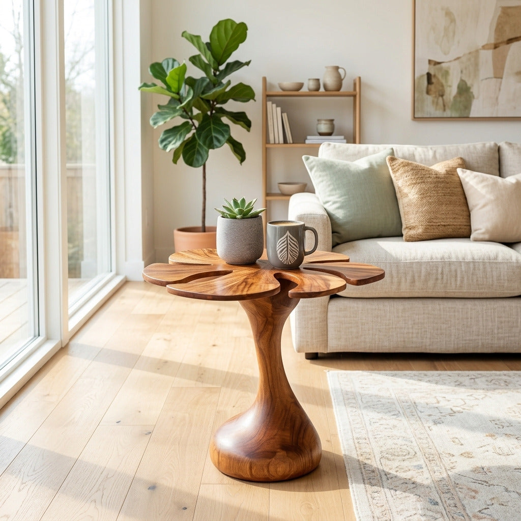 Organischer Beistelltisch aus Massivholz im Wohnzimmer einer Luxuswohnung