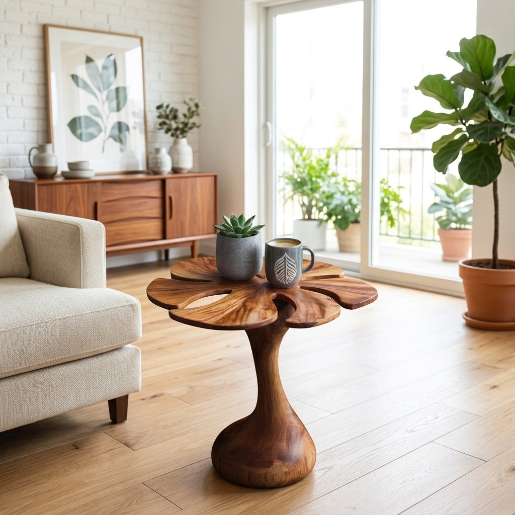 Skulpturaler Holz-Beistelltisch in einem zeitgenössischen Wohnzimmer