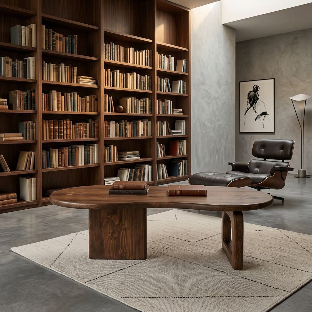 Moderner organischer Couchtisch aus Massivholz mit nierenförmiger Platte und skulpturalem Fuß für stilvolle Interieurs