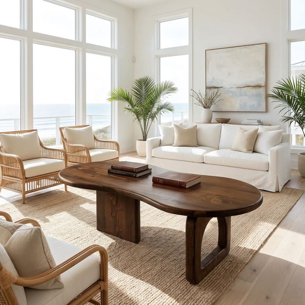 Organischer nierenförmiger Couchtisch aus Massivholz mit skulpturalem asymmetrischem Fuß für moderne Wohnzimmer