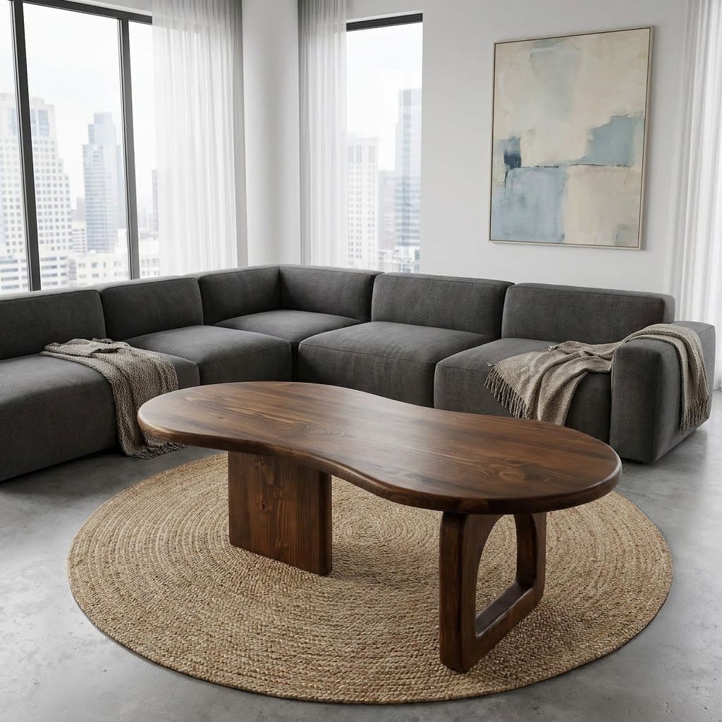 Skulpturaler nierenförmiger Couchtisch aus Massivholz mit asymmetrischem Fuß für zeitgenössische Wohnbereiche