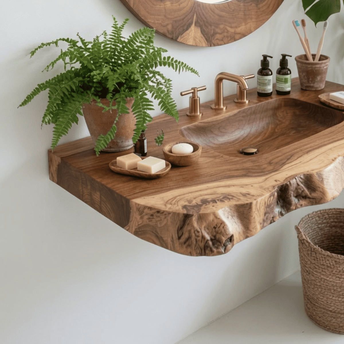Handgefertigtes Waschtischregal aus Massivholz mit integriertem Waschbecken