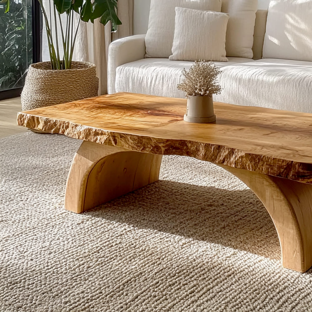 Couchtisch aus Massivholz mit natürlichen Baumkanten-Details und künstlerischem Bogen-Säulenfuß