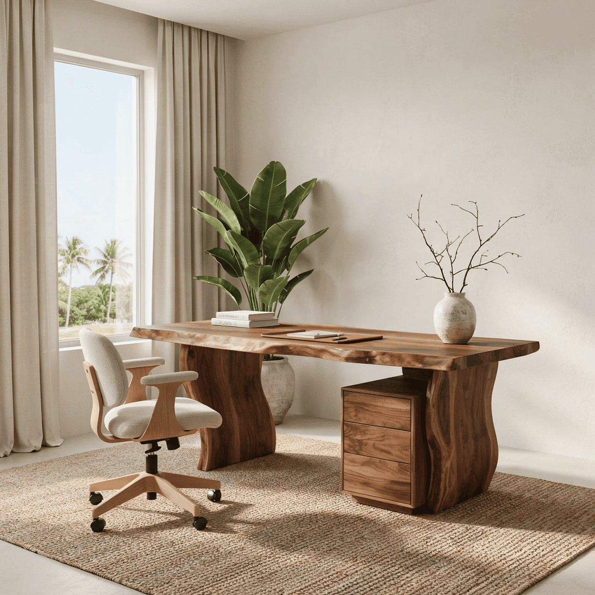 Baumkanten-Schreibtisch aus Massivholz mit Stauraum, gestylt in einem zeitgenössischen Homeoffice