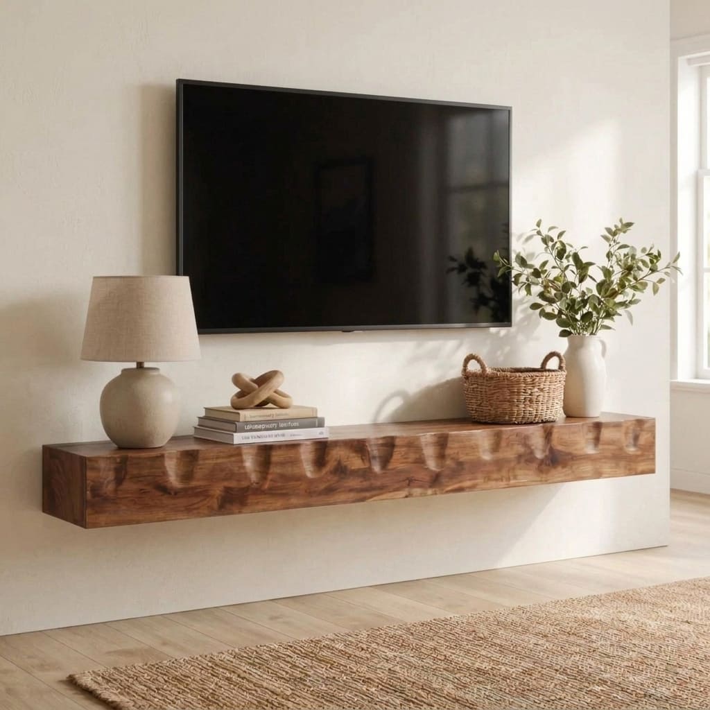 Schwebendes Regal aus Massivholz als elegante Medienablage in einem modernen Zuhause