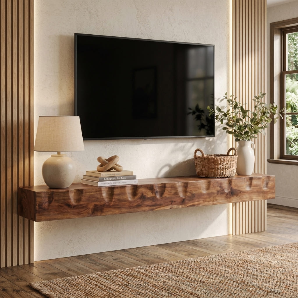 Schwebendes Regal aus Massivholz als elegante Medienablage in einem modernen Zuhause