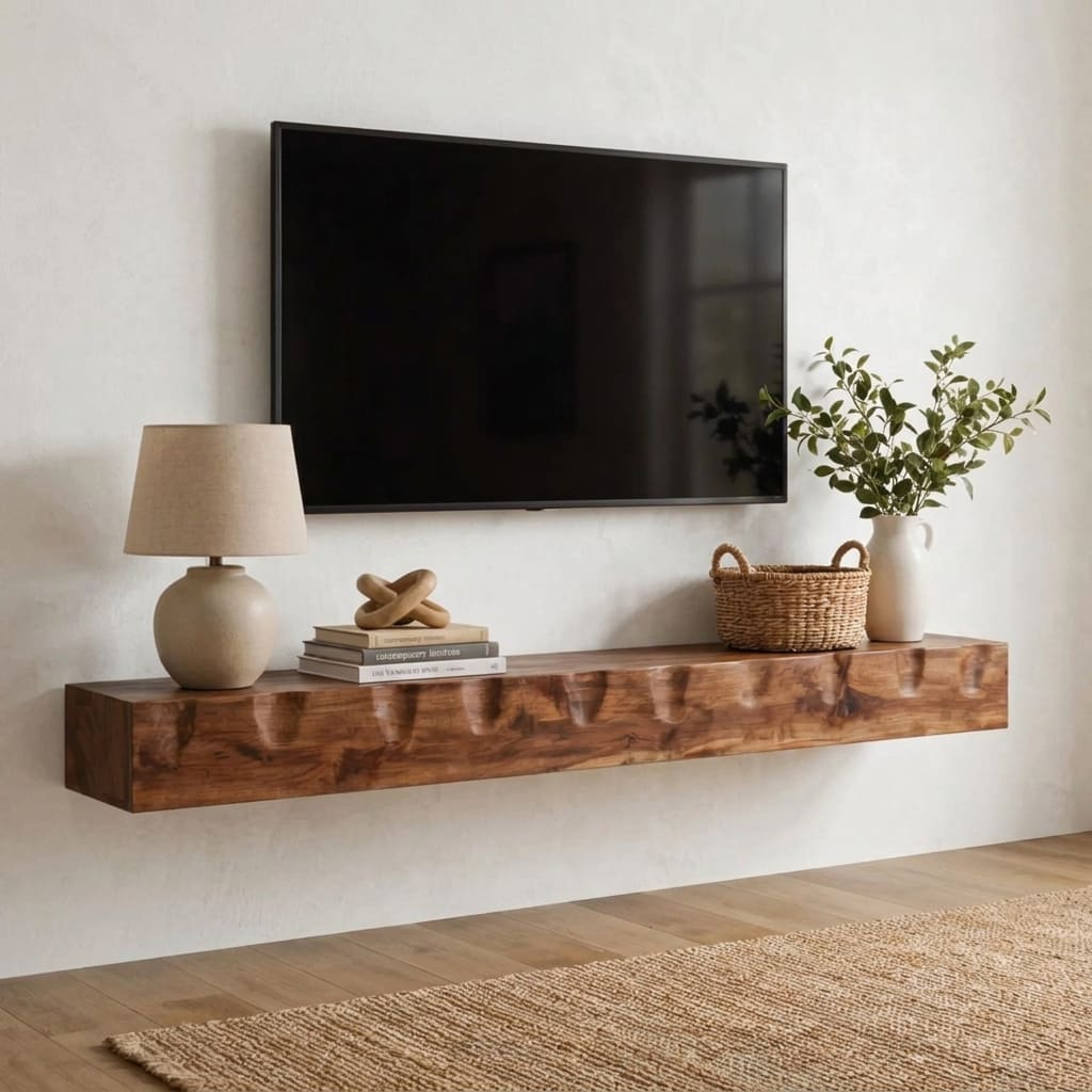 Schwebendes Baumkanten-TV-Regal mit modernem Dekor in einem minimalistischen Wohnbereich