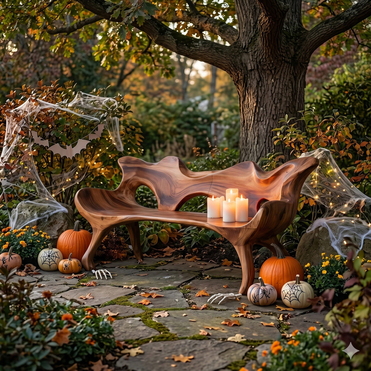 Skulpturale Baumkanten-Holzbank, die einem modernen Außenbereich Halloween-Charme verleiht