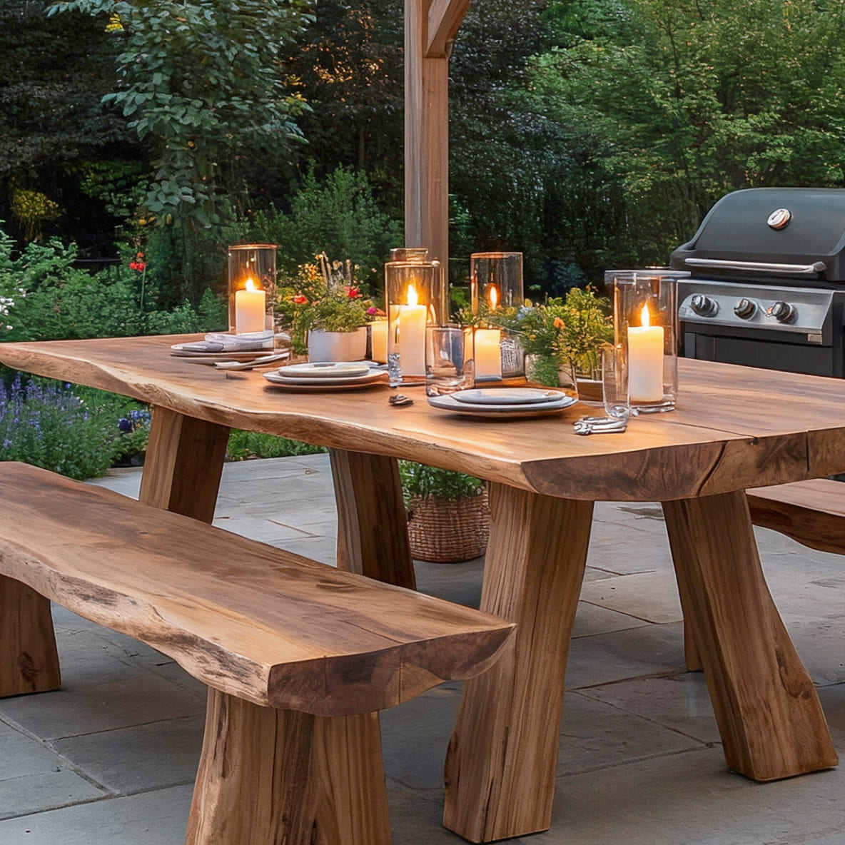 Outdoor-Esstisch aus Massivholz mit handgefertigten Baumkanten-Details