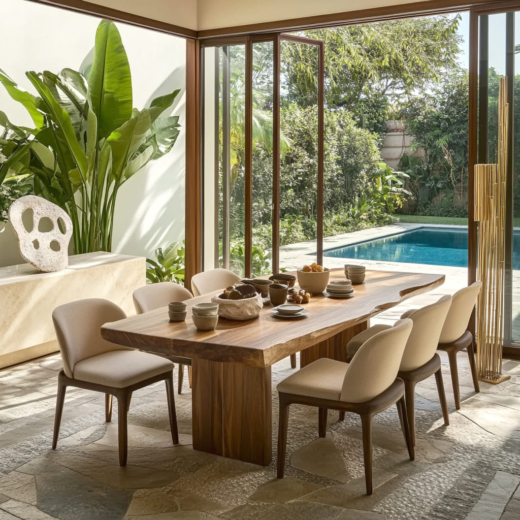 Japandi-inspirierter Esstisch aus Massivholz, präsentiert neben einer zeitgenössischen Pool-Oase