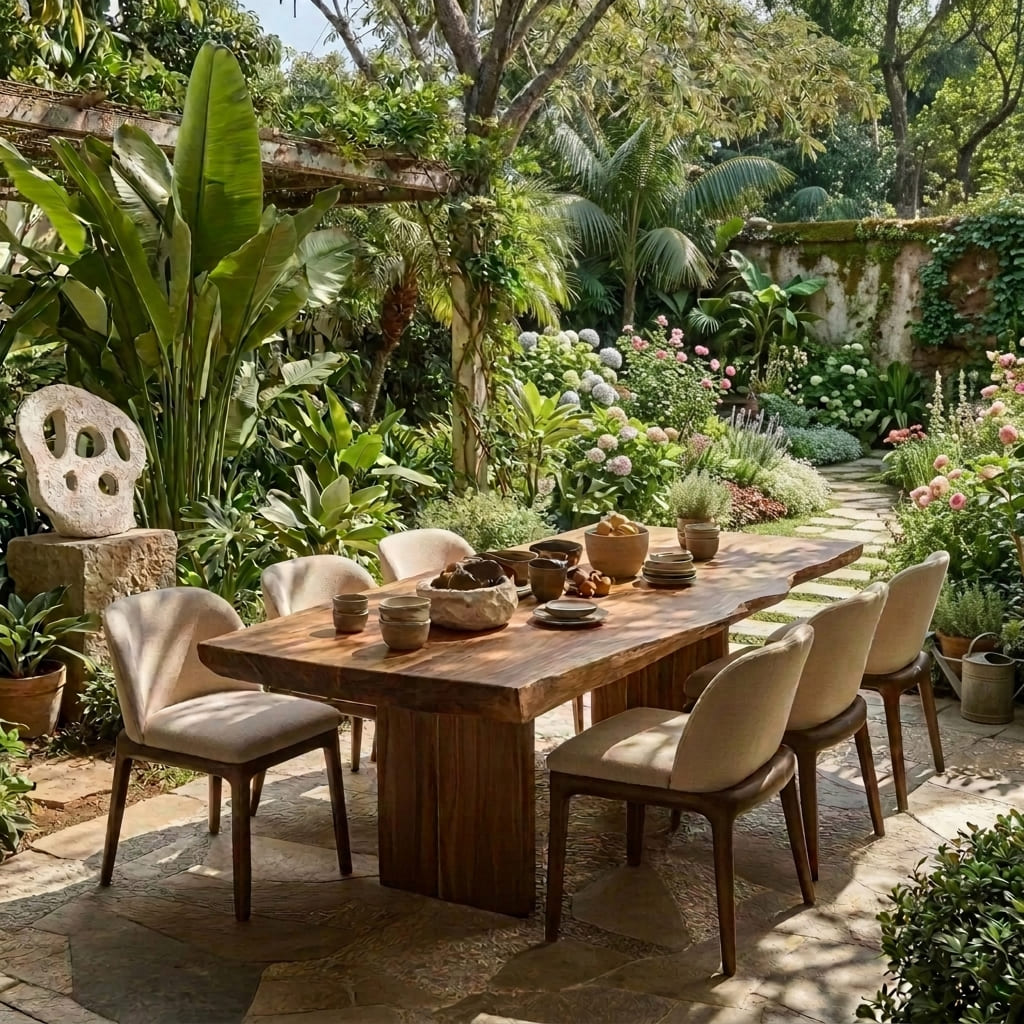 Baumkanten-Outdoor-Esstisch aus Massivholz, gestylt in einem modernen Garten