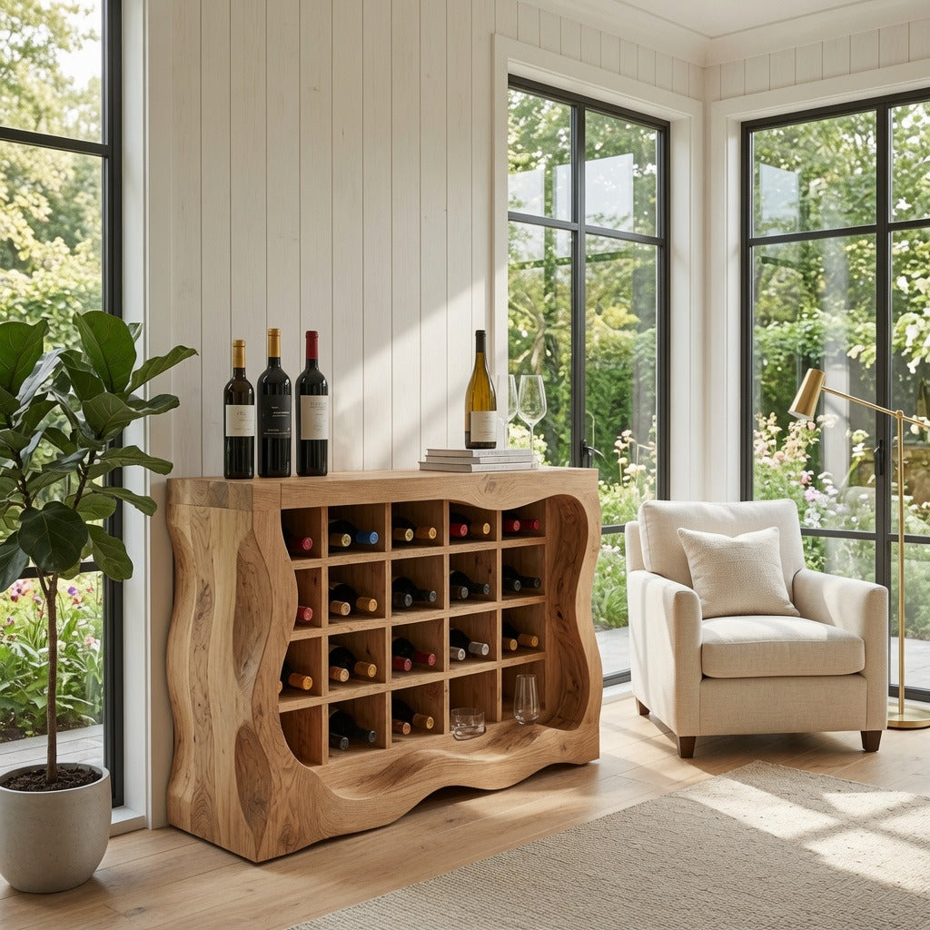 Organischer Baumkanten-Weinschrank aus Massivholz in einem modernen Wohnzimmer