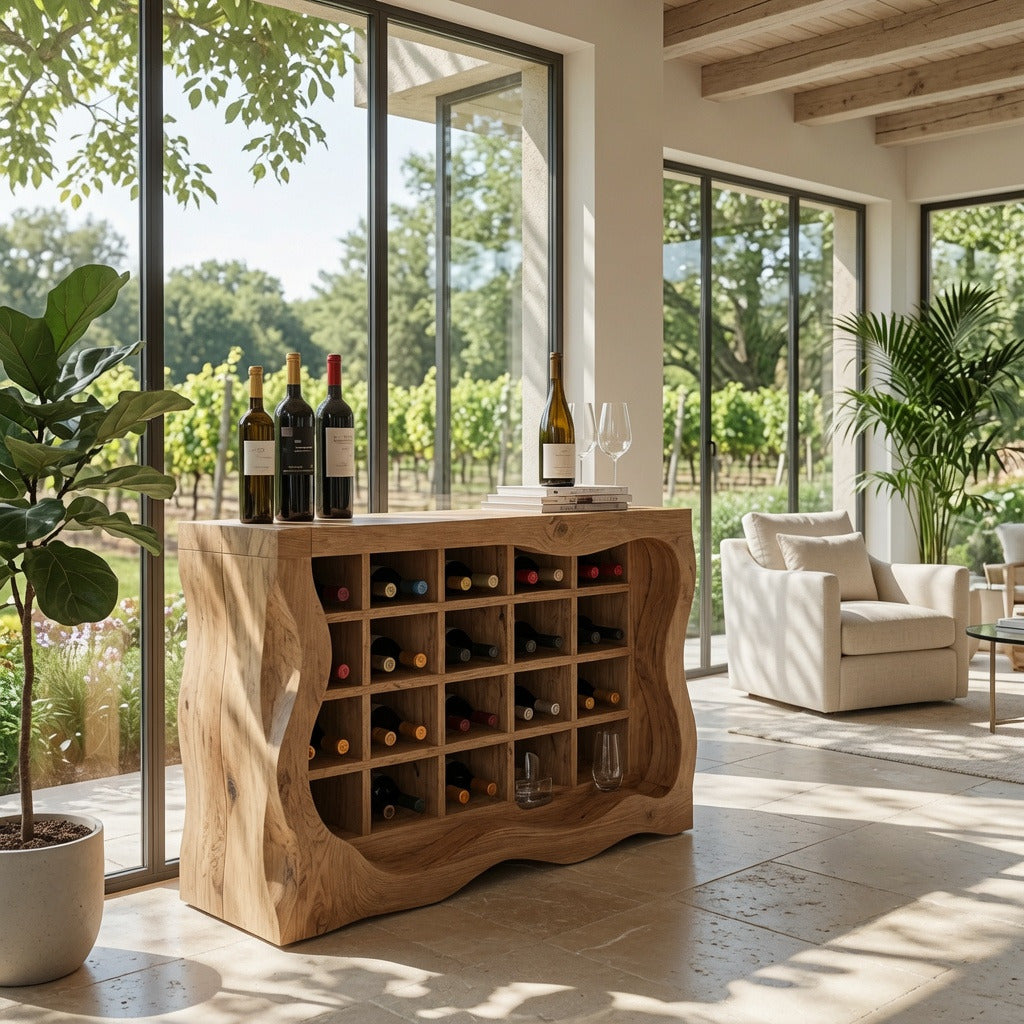 Organischer skulpturaler Baumkanten-Weinschrank aus Massivholz