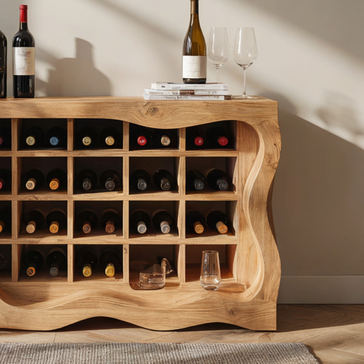 Moderner Baumkanten-Weinschrank aus Holz