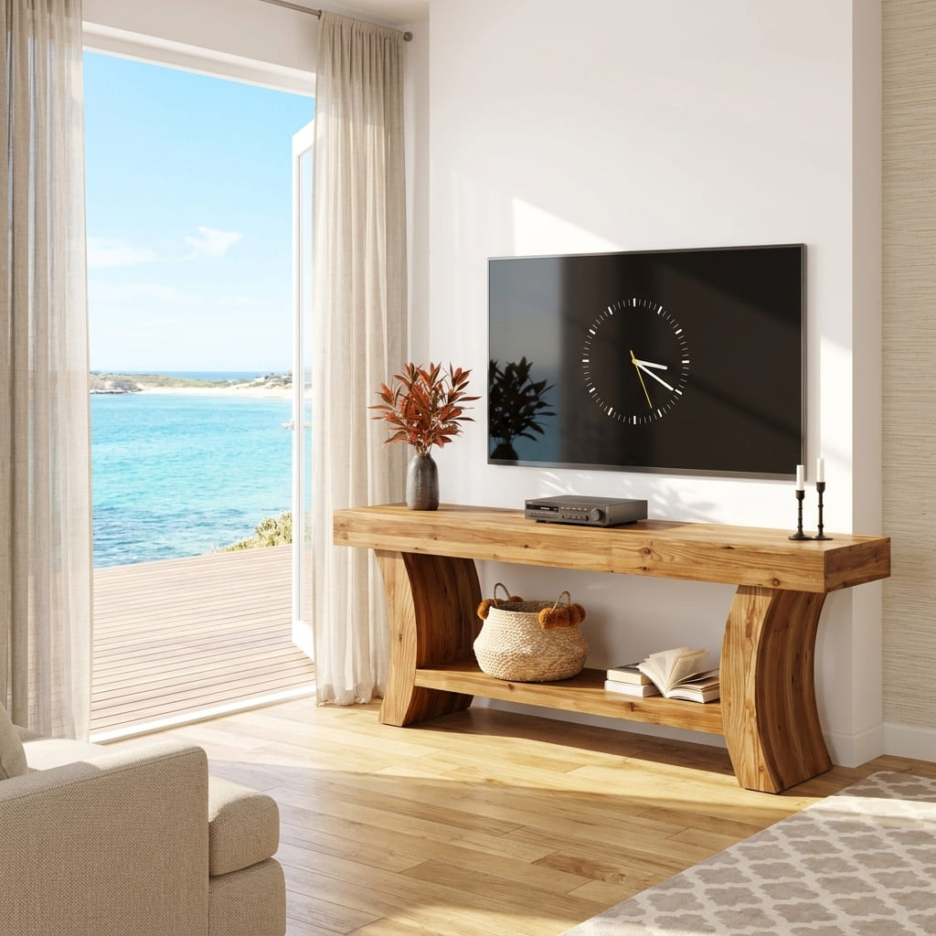 Baumkanten-TV-Lowboard aus Massivholz mit skulpturalen Flussbeinen und unterem Regal für modernes Wohnzimmerdekor