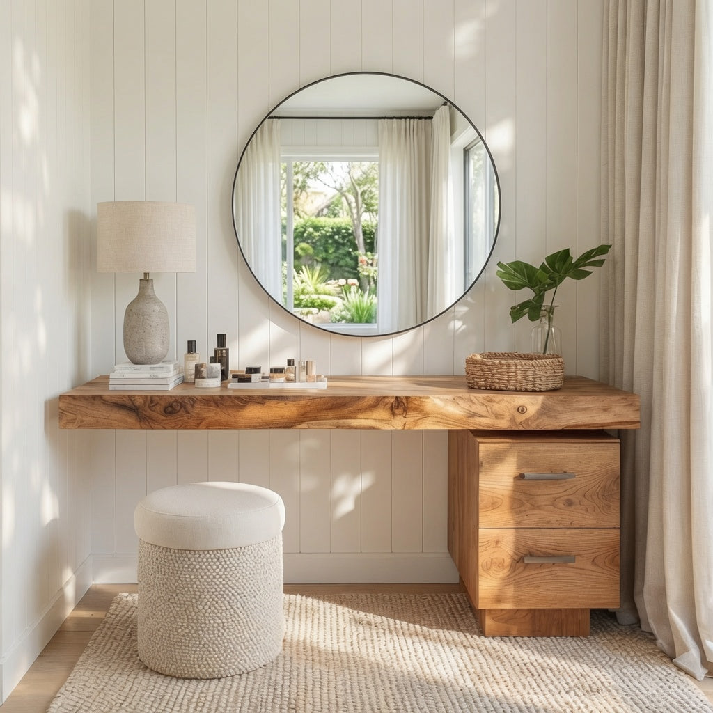 Organischer Baumkanten-Schminktisch aus Massivholz in einem modernen Schlafzimmer