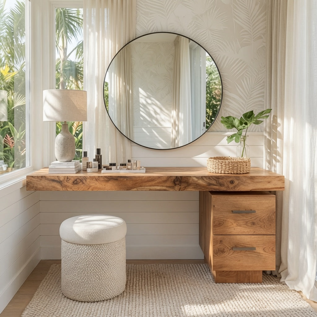 Organischer Holz-Schminktisch, der eine stilvolle Make-up-Ecke schafft