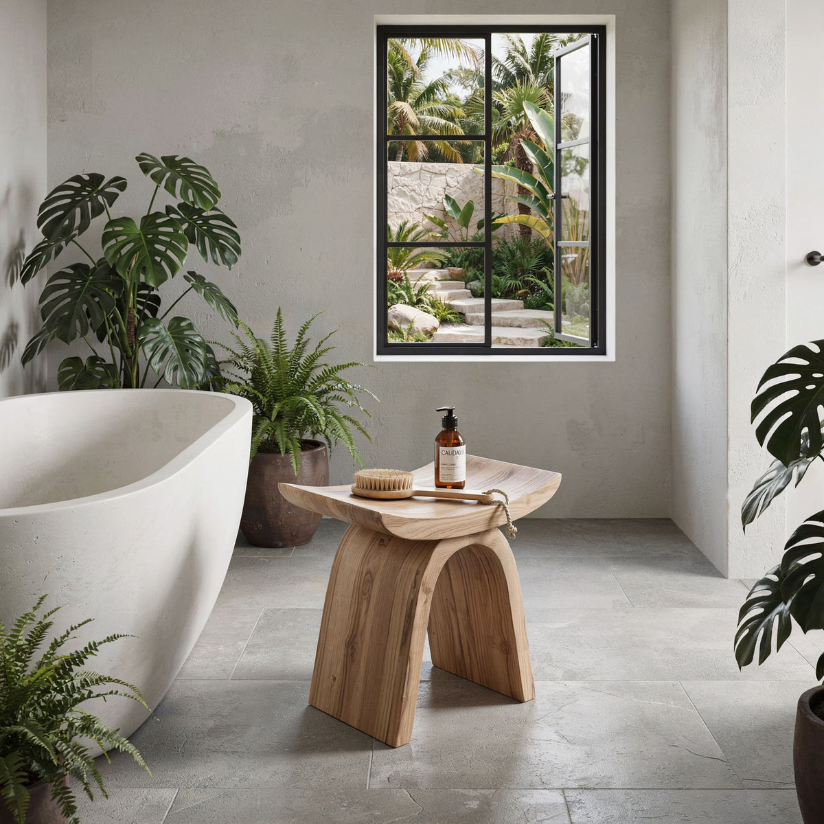 Organisch-moderner Badhocker neben einer freistehenden Badewanne in einem minimalistischen Badezimmer