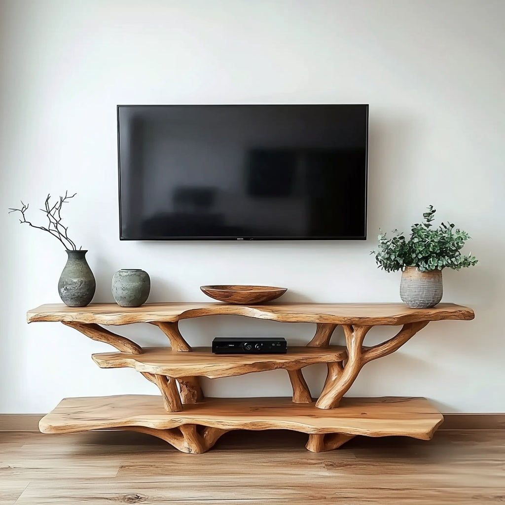 Organisch-moderne TV-Konsole aus Baumkanten-Massivholz mit skulpturalen Astdetails