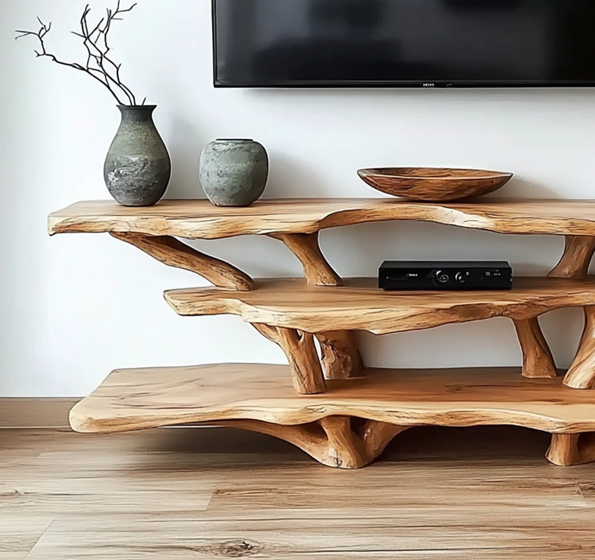 Skulpturales TV-Lowboard aus Massivholz mit Astakzenten in einem modernen Wohnzimmer