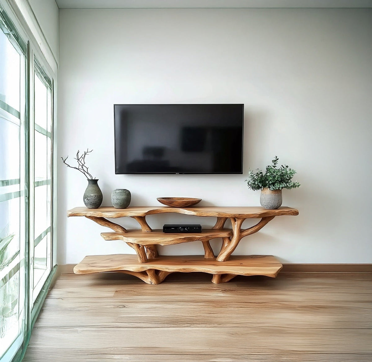 Skulpturales TV-Lowboard aus Massivholz mit Astakzenten in einem modernen Wohnzimmer