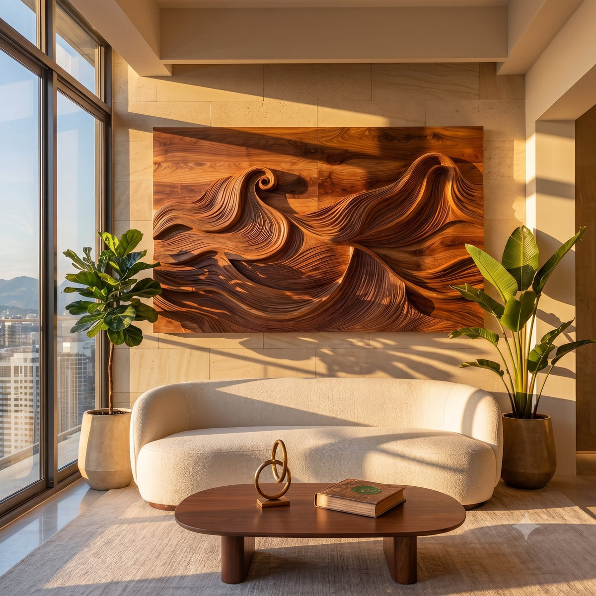Organisch-moderne Wellen-Wandkunst aus Massivholz in einem zeitgenössischen Wohnzimmer