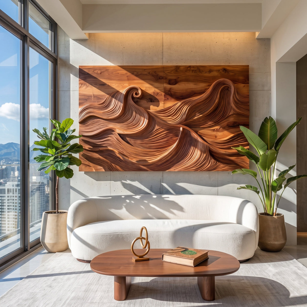 Handgefertigte Holz-Wellenskulptur, präsentiert über einem Sofa